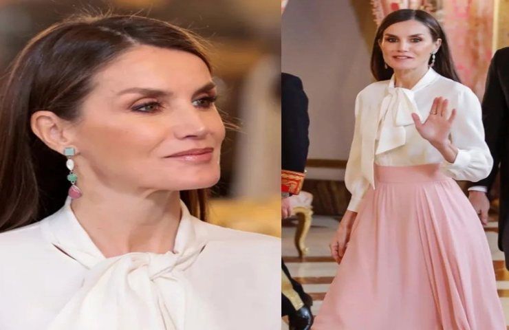 Letizia di Spagna look romantico maxi gonna rosa